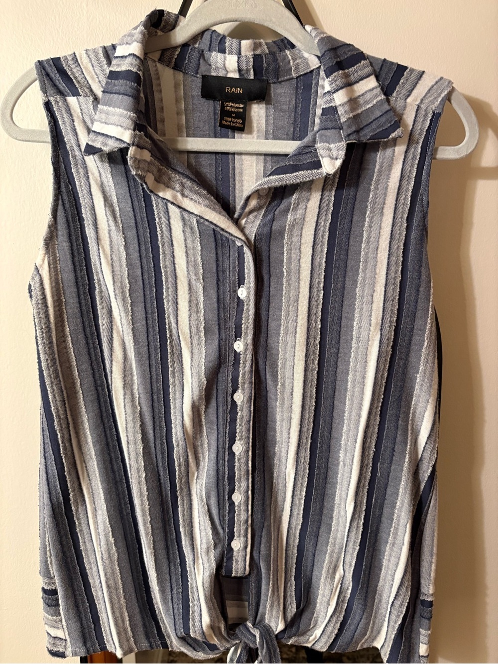RAIN Sleeveless Button Tie-Hem Sleeveless Shirt - Blue, Gray & White Stripes